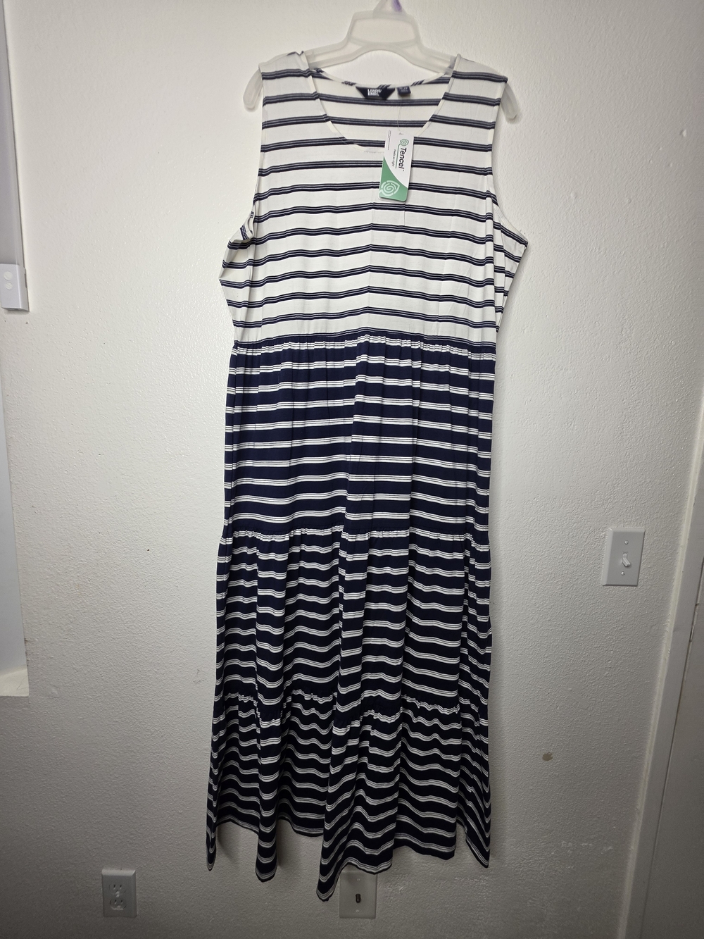 NWT Lands End Womens XL Maxi Dress Striped Tiered Sleeveless Navy White Tencel